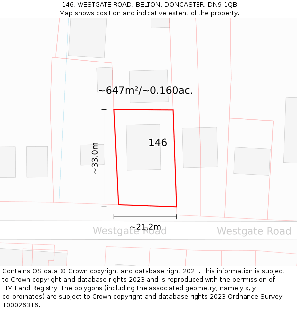 146, WESTGATE ROAD, BELTON, DONCASTER, DN9 1QB: Plot and title map