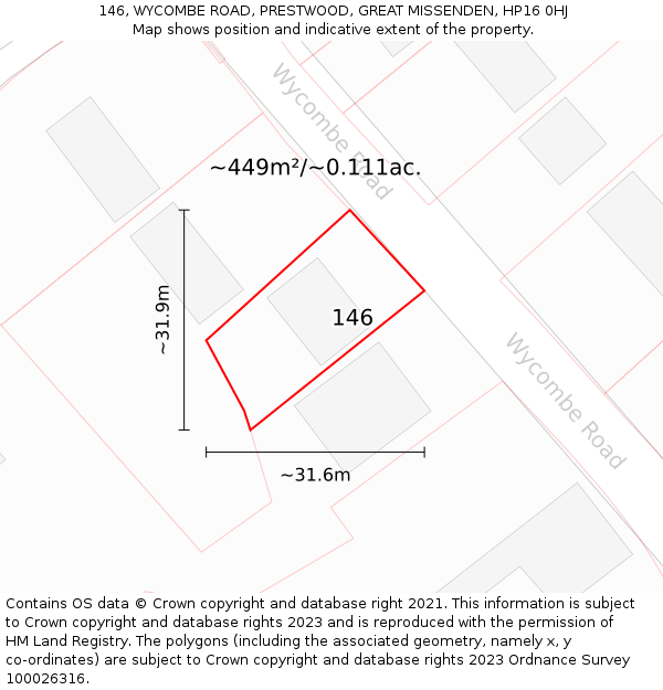 146, WYCOMBE ROAD, PRESTWOOD, GREAT MISSENDEN, HP16 0HJ: Plot and title map