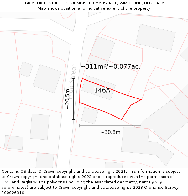 146A, HIGH STREET, STURMINSTER MARSHALL, WIMBORNE, BH21 4BA: Plot and title map