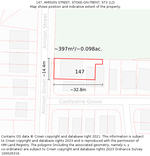 147, AMISON STREET, STOKE-ON-TRENT, ST3 1LD: Plot and title map