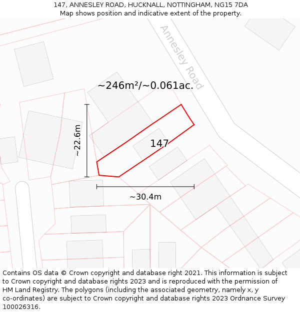 147, ANNESLEY ROAD, HUCKNALL, NOTTINGHAM, NG15 7DA: Plot and title map