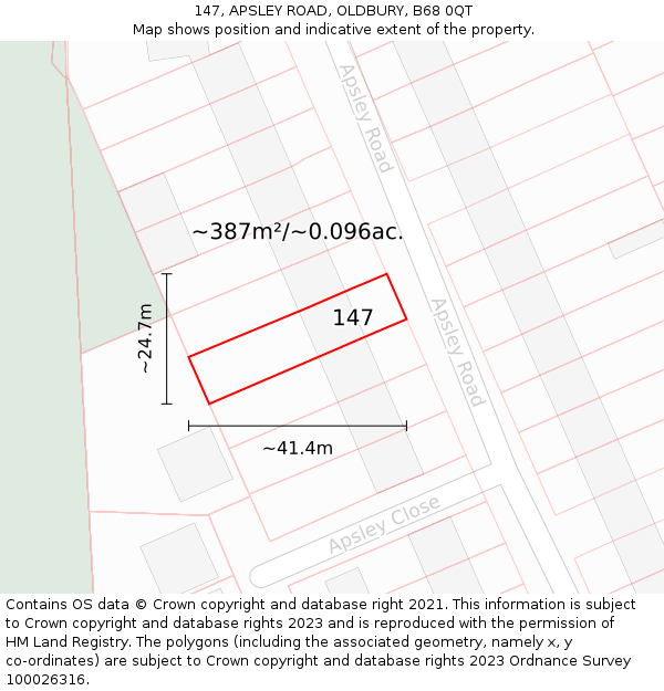 147, APSLEY ROAD, OLDBURY, B68 0QT: Plot and title map