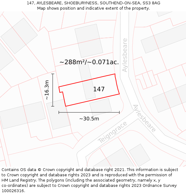 147, AYLESBEARE, SHOEBURYNESS, SOUTHEND-ON-SEA, SS3 8AG: Plot and title map