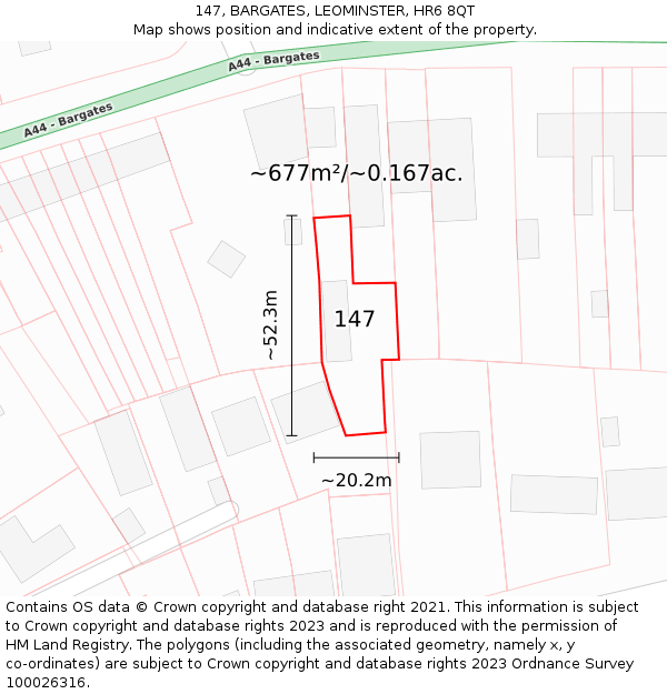 147, BARGATES, LEOMINSTER, HR6 8QT: Plot and title map