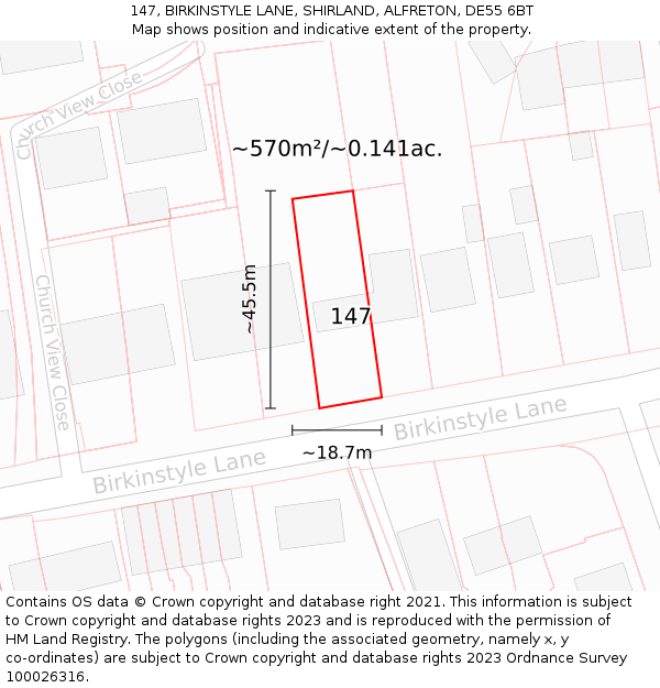 147, BIRKINSTYLE LANE, SHIRLAND, ALFRETON, DE55 6BT: Plot and title map