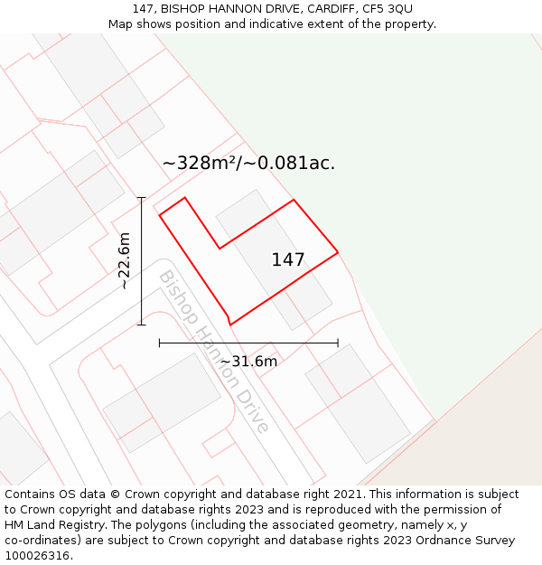 147, BISHOP HANNON DRIVE, CARDIFF, CF5 3QU: Plot and title map