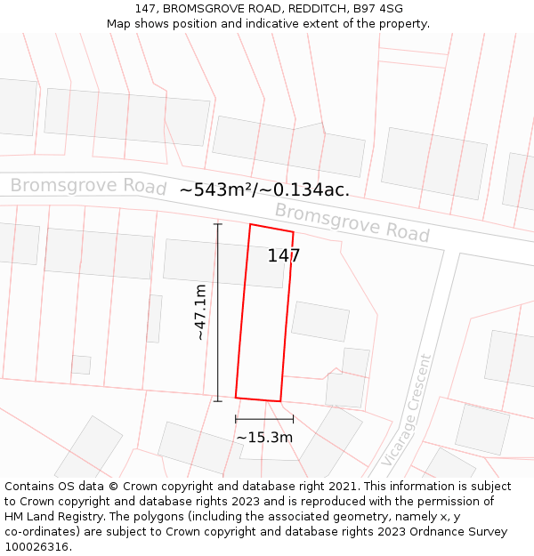 147, BROMSGROVE ROAD, REDDITCH, B97 4SG: Plot and title map