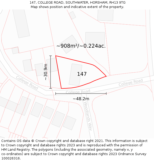 147, COLLEGE ROAD, SOUTHWATER, HORSHAM, RH13 9TG: Plot and title map