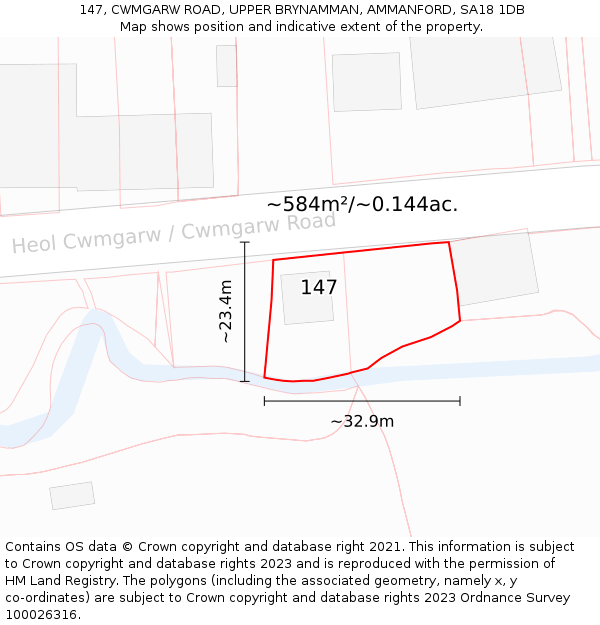 147, CWMGARW ROAD, UPPER BRYNAMMAN, AMMANFORD, SA18 1DB: Plot and title map