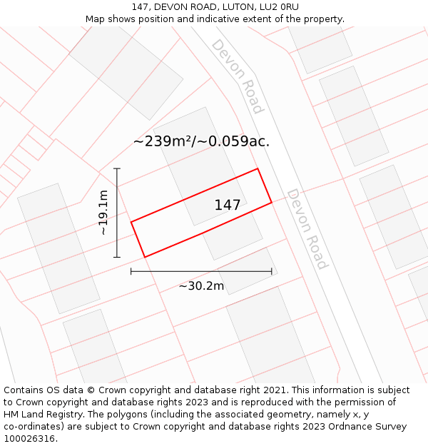 147, DEVON ROAD, LUTON, LU2 0RU: Plot and title map