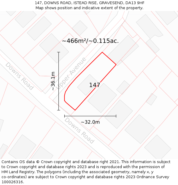 147, DOWNS ROAD, ISTEAD RISE, GRAVESEND, DA13 9HF: Plot and title map