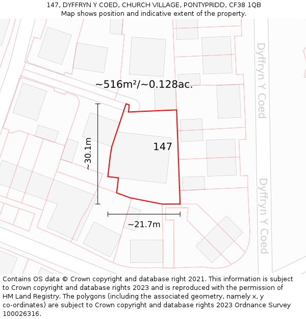 147, DYFFRYN Y COED, CHURCH VILLAGE, PONTYPRIDD, CF38 1QB: Plot and title map