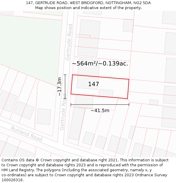 147, GERTRUDE ROAD, WEST BRIDGFORD, NOTTINGHAM, NG2 5DA: Plot and title map