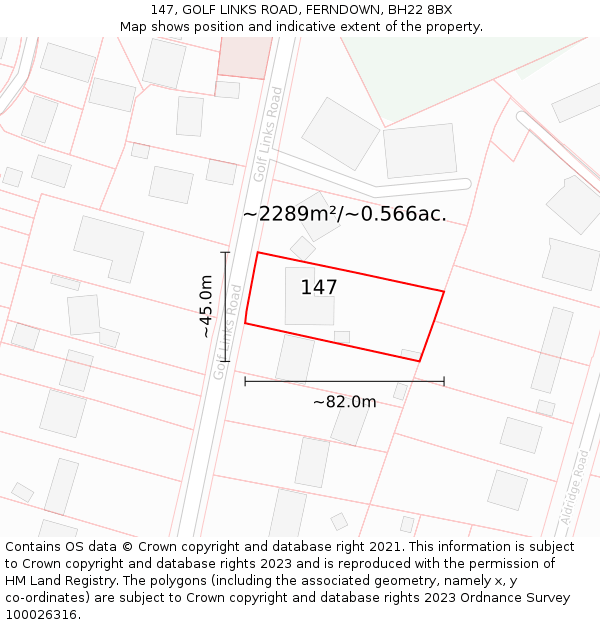 147, GOLF LINKS ROAD, FERNDOWN, BH22 8BX: Plot and title map