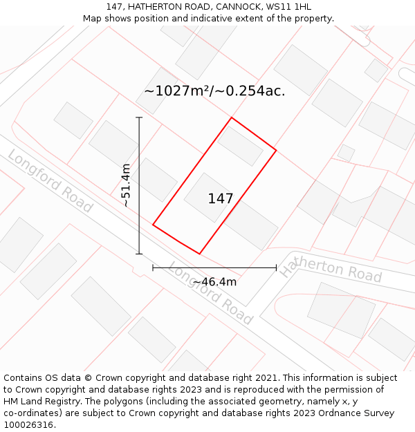 147, HATHERTON ROAD, CANNOCK, WS11 1HL: Plot and title map