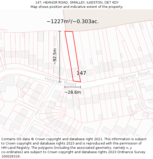 147, HEANOR ROAD, SMALLEY, ILKESTON, DE7 6DY: Plot and title map