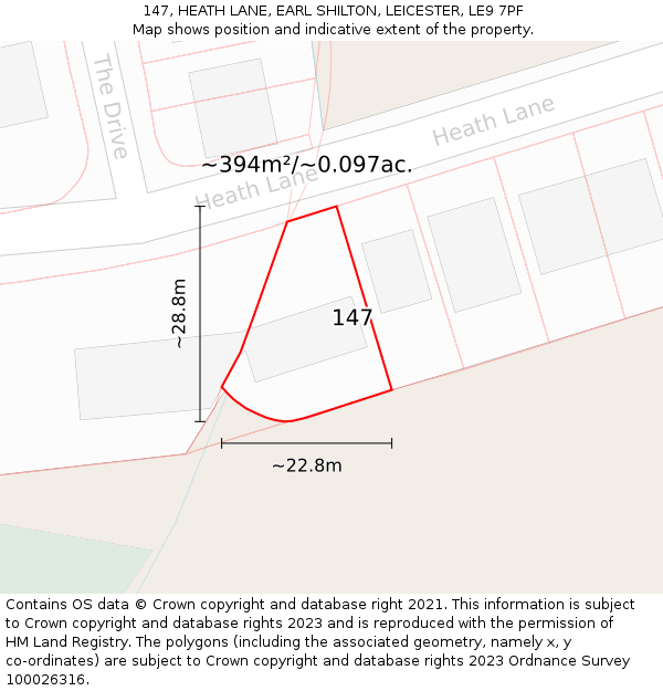 147, HEATH LANE, EARL SHILTON, LEICESTER, LE9 7PF: Plot and title map