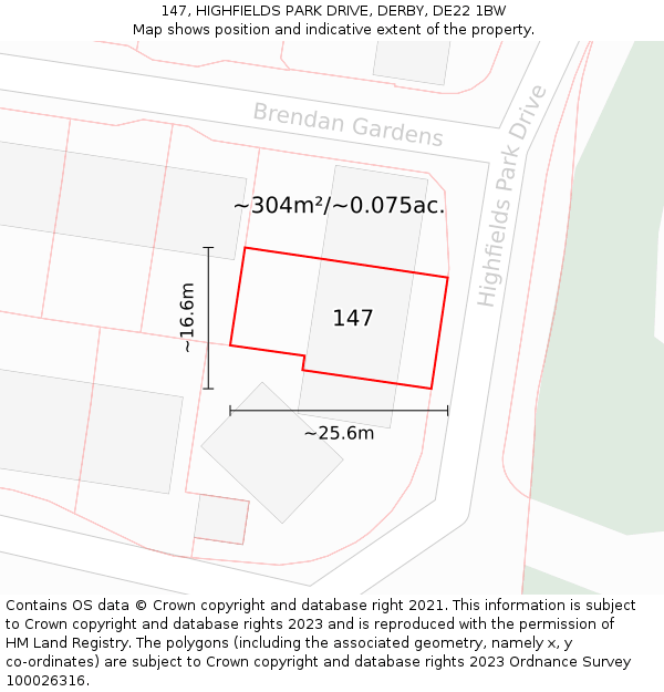 147, HIGHFIELDS PARK DRIVE, DERBY, DE22 1BW: Plot and title map