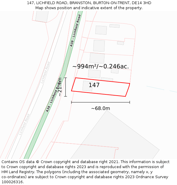147, LICHFIELD ROAD, BRANSTON, BURTON-ON-TRENT, DE14 3HD: Plot and title map