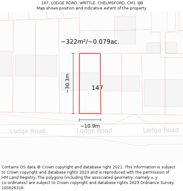 147, LODGE ROAD, WRITTLE, CHELMSFORD, CM1 3JB: Plot and title map