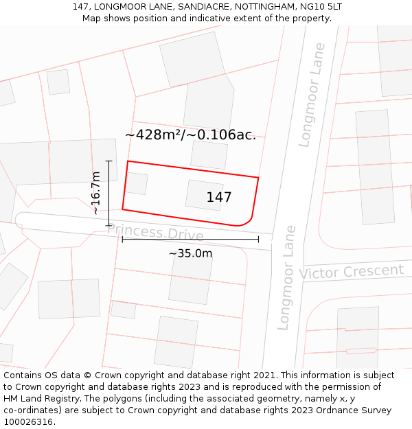 147, LONGMOOR LANE, SANDIACRE, NOTTINGHAM, NG10 5LT: Plot and title map