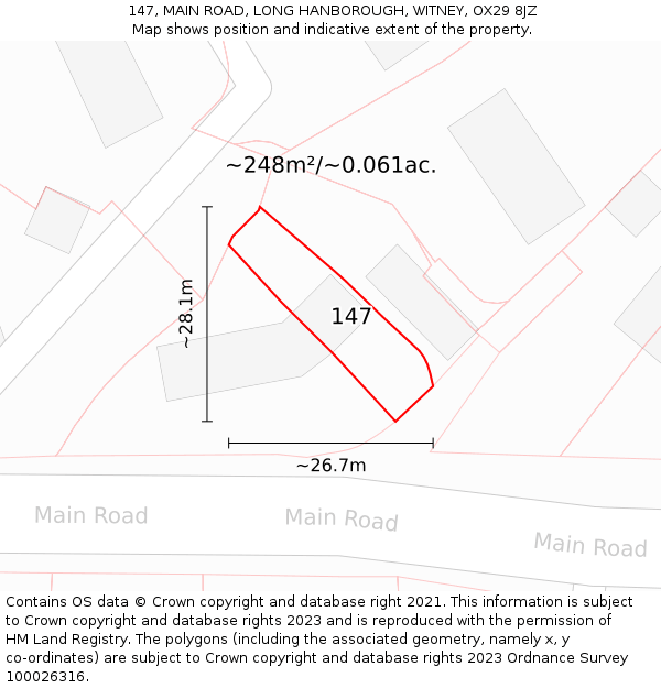 147, MAIN ROAD, LONG HANBOROUGH, WITNEY, OX29 8JZ: Plot and title map