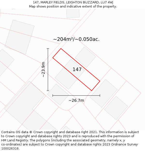 147, MARLEY FIELDS, LEIGHTON BUZZARD, LU7 4WJ: Plot and title map