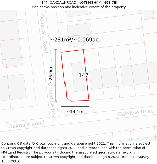 147, OAKDALE ROAD, NOTTINGHAM, NG3 7EJ: Plot and title map