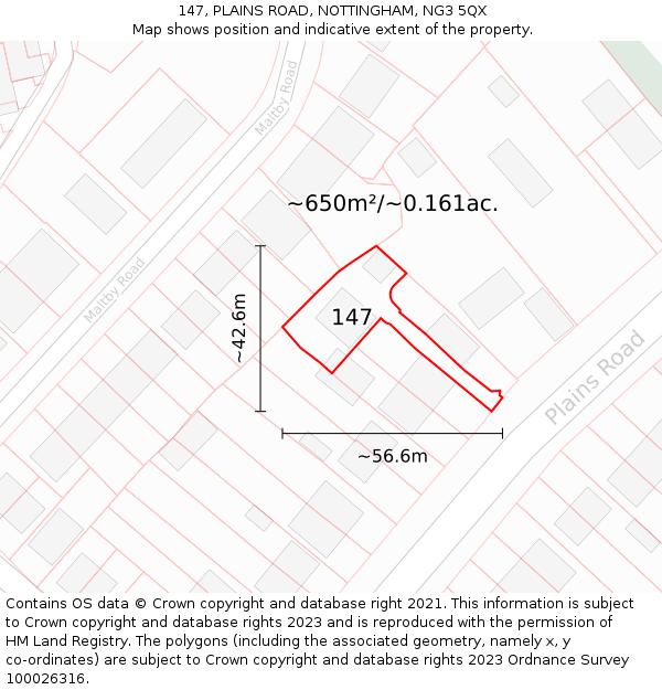 147, PLAINS ROAD, NOTTINGHAM, NG3 5QX: Plot and title map