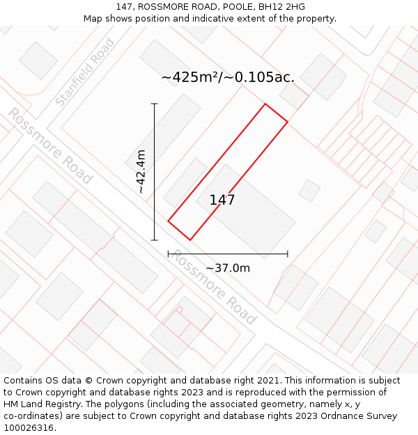 147, ROSSMORE ROAD, POOLE, BH12 2HG: Plot and title map