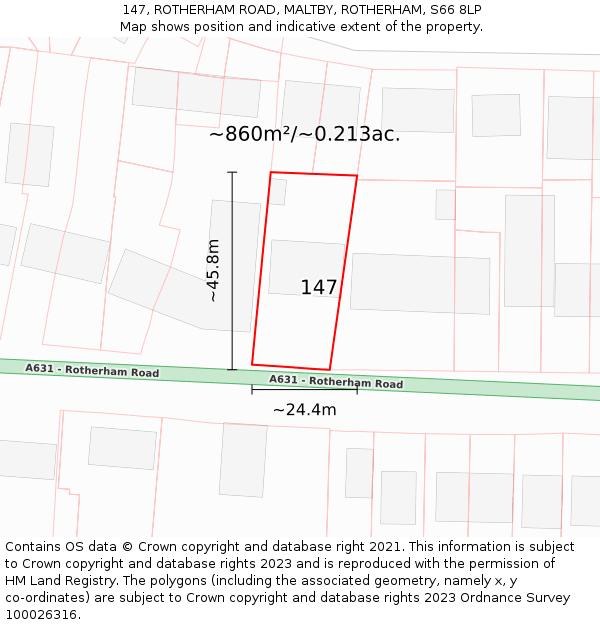 147, ROTHERHAM ROAD, MALTBY, ROTHERHAM, S66 8LP: Plot and title map