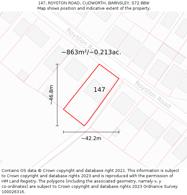 147, ROYSTON ROAD, CUDWORTH, BARNSLEY, S72 8BW: Plot and title map