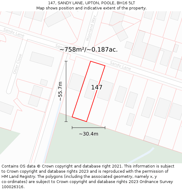 147, SANDY LANE, UPTON, POOLE, BH16 5LT: Plot and title map