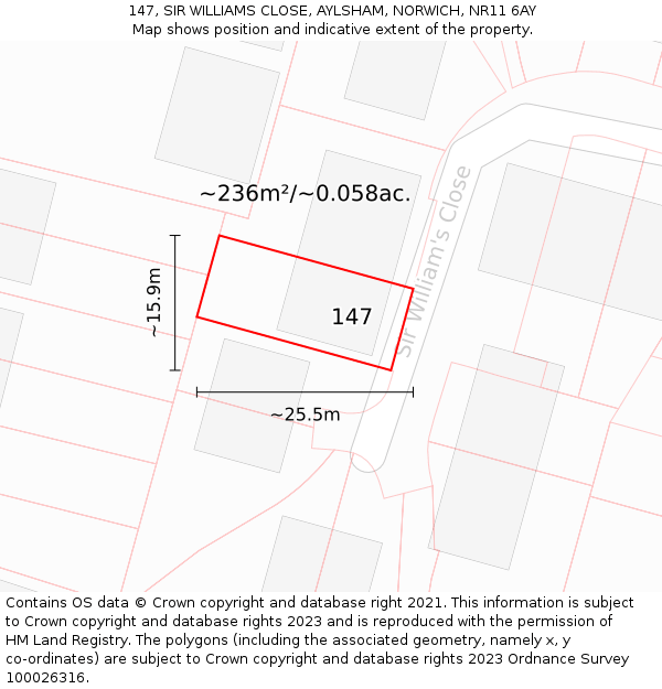 147, SIR WILLIAMS CLOSE, AYLSHAM, NORWICH, NR11 6AY: Plot and title map