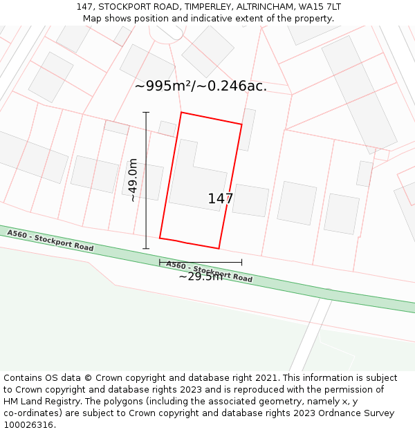 147, STOCKPORT ROAD, TIMPERLEY, ALTRINCHAM, WA15 7LT: Plot and title map