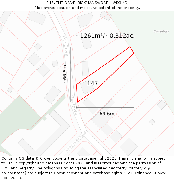 147, THE DRIVE, RICKMANSWORTH, WD3 4DJ: Plot and title map