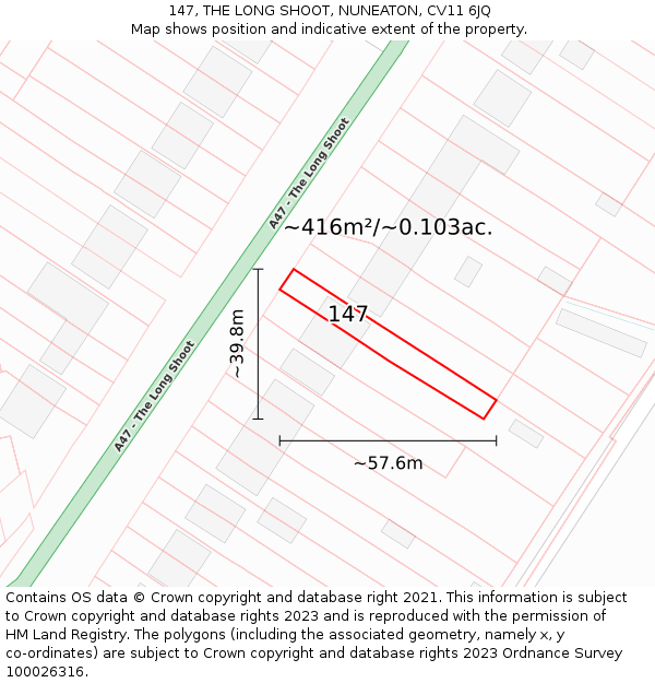 147, THE LONG SHOOT, NUNEATON, CV11 6JQ: Plot and title map