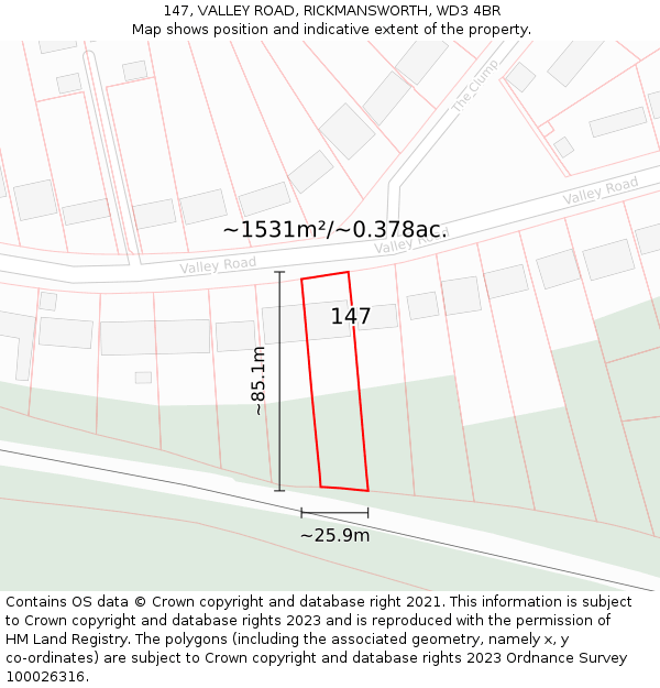 147, VALLEY ROAD, RICKMANSWORTH, WD3 4BR: Plot and title map