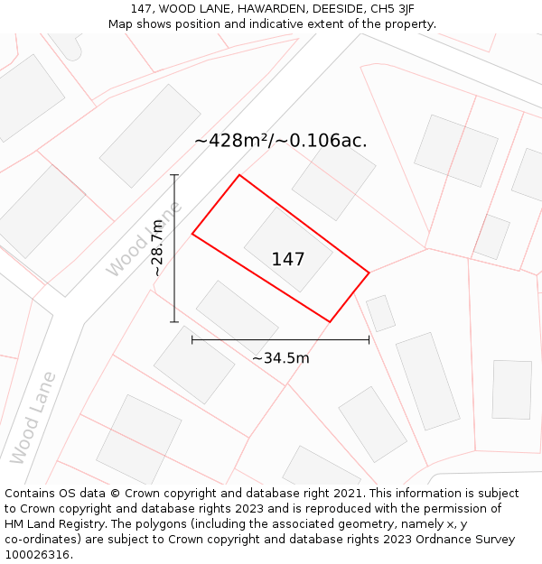 147, WOOD LANE, HAWARDEN, DEESIDE, CH5 3JF: Plot and title map