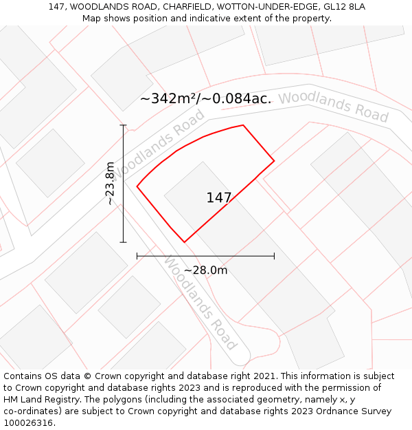 147, WOODLANDS ROAD, CHARFIELD, WOTTON-UNDER-EDGE, GL12 8LA: Plot and title map