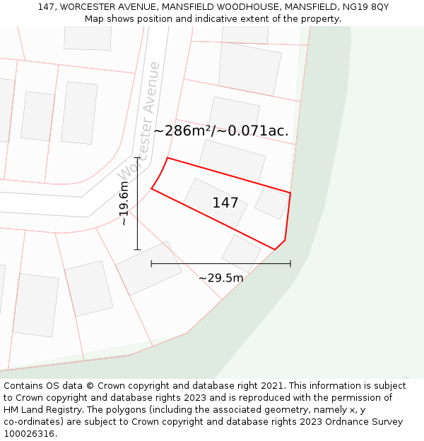 147, WORCESTER AVENUE, MANSFIELD WOODHOUSE, MANSFIELD, NG19 8QY: Plot and title map