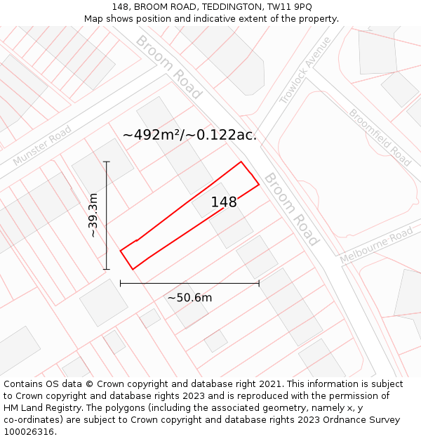 148, BROOM ROAD, TEDDINGTON, TW11 9PQ: Plot and title map