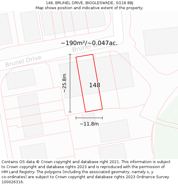 148, BRUNEL DRIVE, BIGGLESWADE, SG18 8BJ: Plot and title map