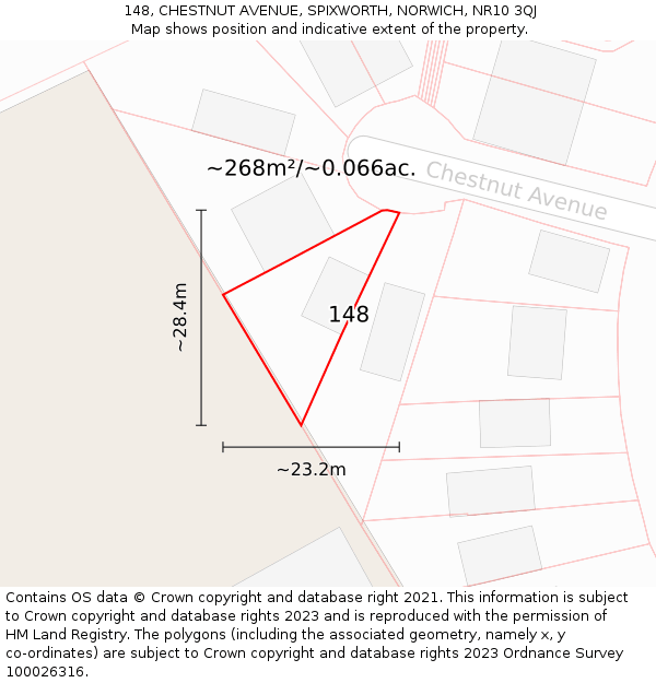 148, CHESTNUT AVENUE, SPIXWORTH, NORWICH, NR10 3QJ: Plot and title map