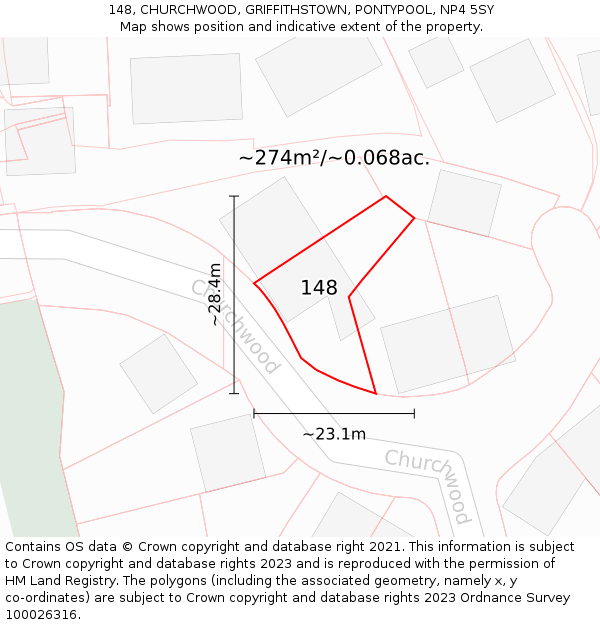 148, CHURCHWOOD, GRIFFITHSTOWN, PONTYPOOL, NP4 5SY: Plot and title map