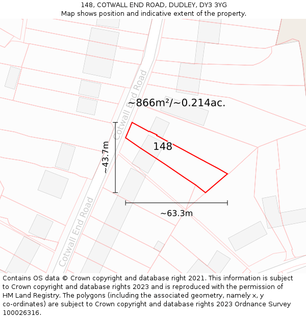 148, COTWALL END ROAD, DUDLEY, DY3 3YG: Plot and title map