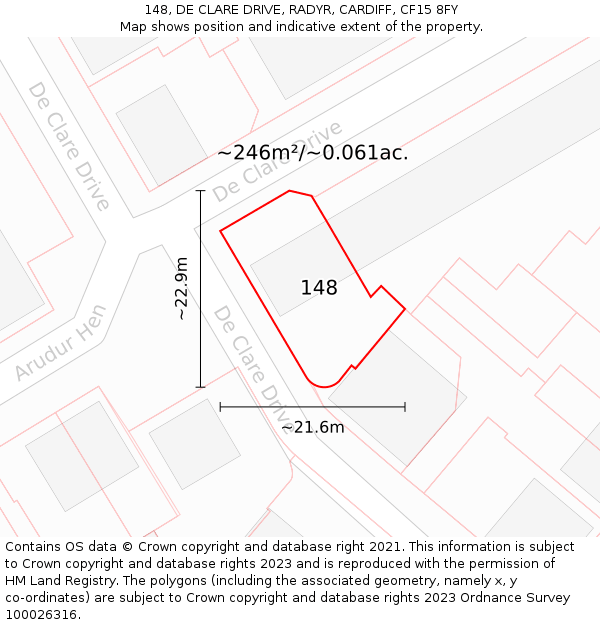 148, DE CLARE DRIVE, RADYR, CARDIFF, CF15 8FY: Plot and title map