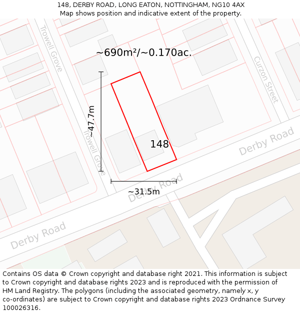 148, DERBY ROAD, LONG EATON, NOTTINGHAM, NG10 4AX: Plot and title map