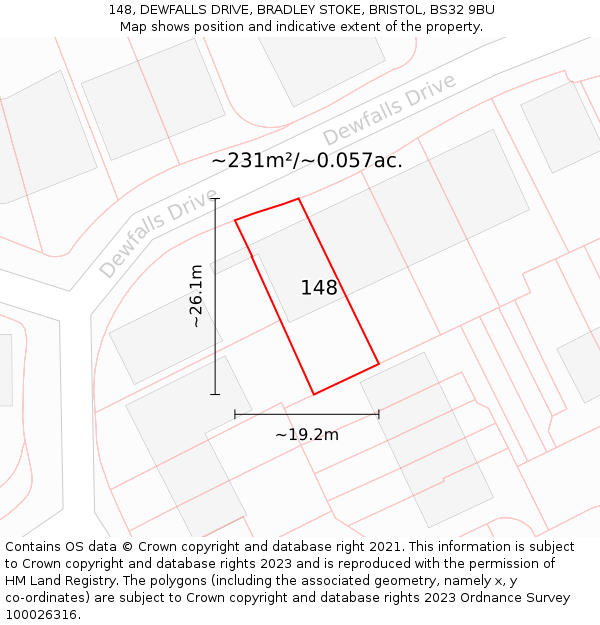 148, DEWFALLS DRIVE, BRADLEY STOKE, BRISTOL, BS32 9BU: Plot and title map