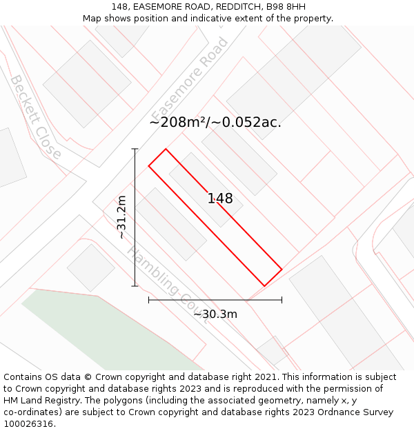 148, EASEMORE ROAD, REDDITCH, B98 8HH: Plot and title map